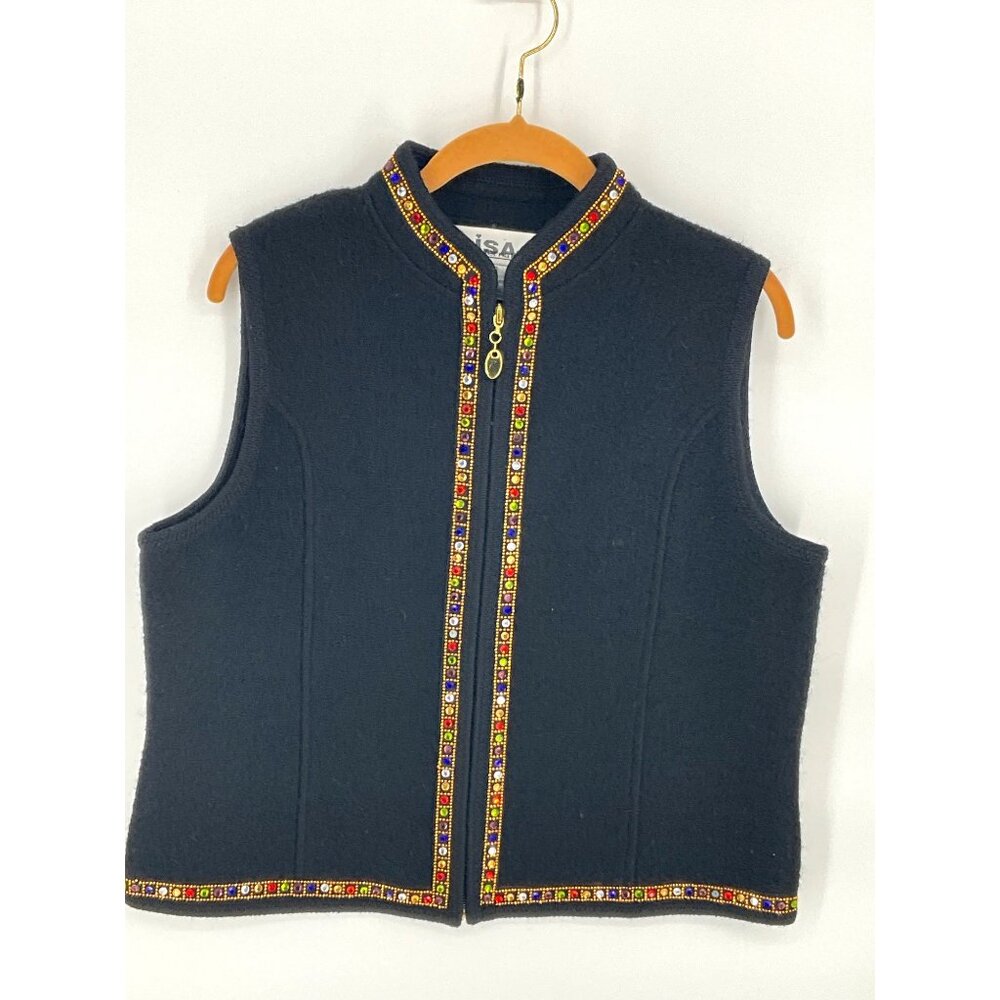 Lisa International Womens Embellished‎ Black Wool Vest Large